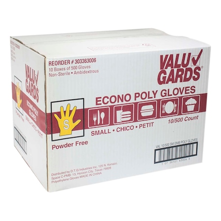 Valugards Disposable Gloves, Poly, Powder-Free, S, 5000 PK 303363006